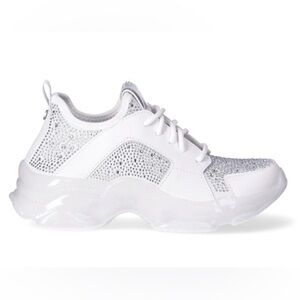 Madden NYC white sparkle rhinestone stretch knit & faux leather lace up sneakers